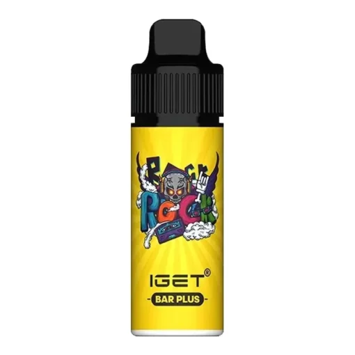 A yellow bottle of e-liquid from the iget vape brand, featuring a cartoon character on the label.