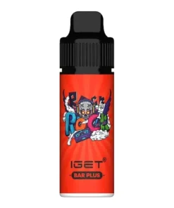 A bottle of e-liquid with a cartoon character from the IGET Vape brand on it.