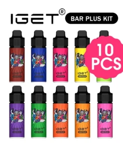 A vibrant collection of colorful bottles, including affordable bulk options from IGET Vape Australia, such as the 10 Pcs IGET Bar Plus Kit.