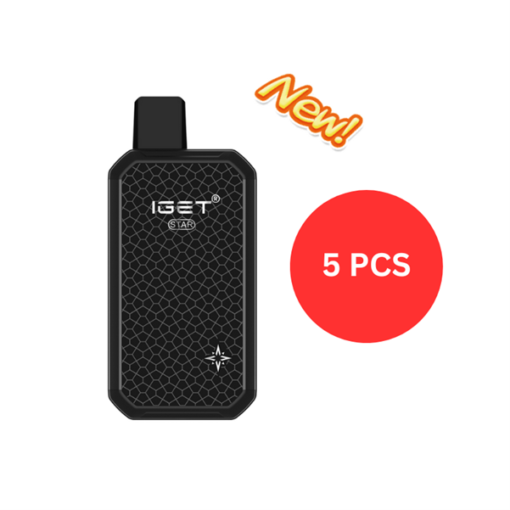 A black rectangular object with a red circle and text, representing the IGET STAR L7000 BUNDLE 3 PCS vape bar.