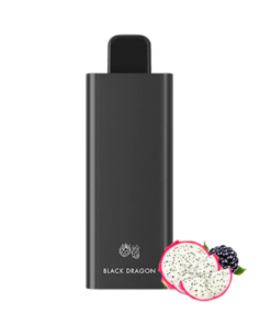 A black vape device labeled "Black Dragon" alongside illustrations of a pitaya (dragon fruit) and a blackberry.
