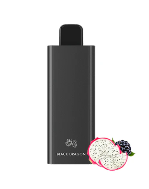 A black vape device labeled "Black Dragon" alongside illustrations of a pitaya (dragon fruit) and a blackberry.