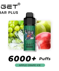 IGET BAR PLUS 6000 PUFFS - Apple Grape Ice IGET Bar Plus vape with "Apple Grape Ice" flavor, offering over 6000 puffs. Background features vibrant images of green grapes, ice cubes, and a fresh apple.