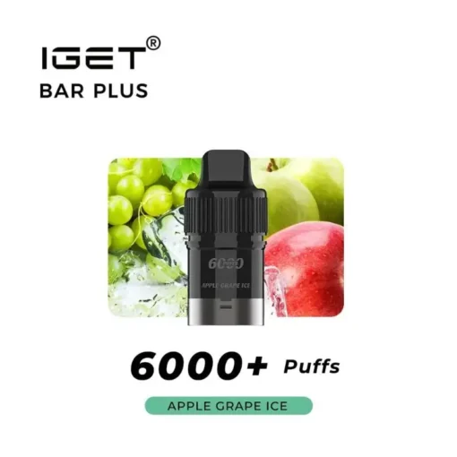 Image of an IGET BAR PLUS POD 6000 PUFFS - Apple Grape vape device with "6000 PUFFS" and "Apple Grape Ice" flavor text. The background features green apples and red grapes.