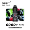 The IGET BAR PLUS 6000 PUFFS - Black Forest vape promises over 6000 PUFFS, with blackberries, raspberries, and mint leaves creating vibrant graphics in the background.