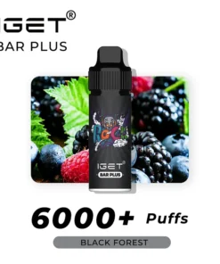 The IGET BAR PLUS 6000 PUFFS - Black Forest vape promises over 6000 PUFFS, with blackberries, raspberries, and mint leaves creating vibrant graphics in the background.