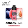 IGET Bar Plus vape featuring the refreshing Grape Peach Ice flavor with an image of grapes and a peach in the background. Enjoy AUTO-DRAFT technology for smooth draws, boasting over 6000 puffs.