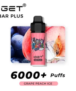 IGET Bar Plus vape featuring the refreshing Grape Peach Ice flavor with an image of grapes and a peach in the background. Enjoy AUTO-DRAFT technology for smooth draws, boasting over 6000 puffs.