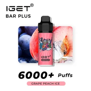 IGET Bar Plus vape featuring the refreshing Grape Peach Ice flavor with an image of grapes and a peach in the background. Enjoy AUTO-DRAFT technology for smooth draws, boasting over 6000 puffs.