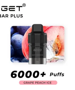 Image of an IGET BAR PLUS POD 6000 PUFFS - Grape Peach Ice vape device featuring 6000 PUFFS in the Grape Peach Ice flavor, with an image of grapes and a peach in the background.