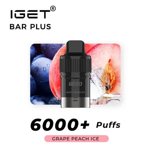 Image of an IGET BAR PLUS POD 6000 PUFFS - Grape Peach Ice vape device featuring 6000 PUFFS in the Grape Peach Ice flavor, with an image of grapes and a peach in the background.