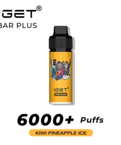 Image of an IGET BAR PLUS 6000 PUFFS - Kiwi Pineapple Ice vape pen. The pen features a vibrant yellow label with graphic designs and promises an impressive 6000 PUFFS.