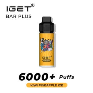 Image of an IGET BAR PLUS 6000 PUFFS - Kiwi Pineapple Ice vape pen. The pen features a vibrant yellow label with graphic designs and promises an impressive 6000 PUFFS.