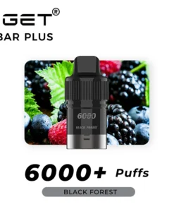 Image of an IGET Bar Plus vape device with "6000+ Puffs" and "Black Forest" written on the label, displayed against a backdrop of assorted berries. The AUTO-DRAFT system ensures each puff delivers consistent flavor and smoothness.