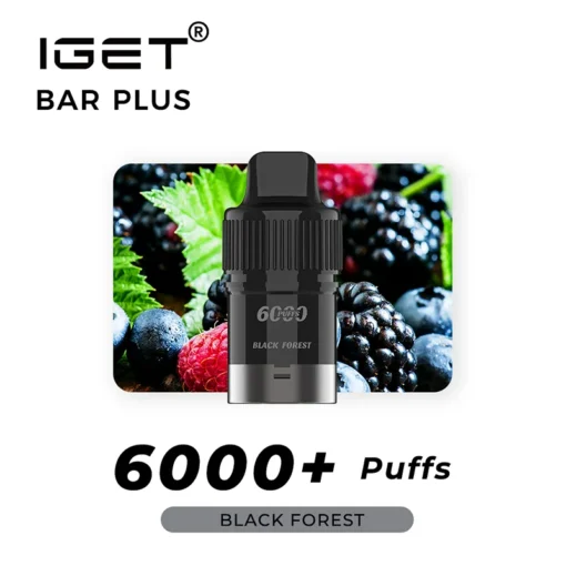 Image of an IGET Bar Plus vape device with "6000+ Puffs" and "Black Forest" written on the label, displayed against a backdrop of assorted berries. The AUTO-DRAFT system ensures each puff delivers consistent flavor and smoothness.