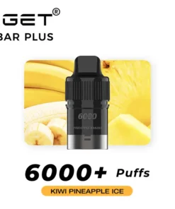 Discover the IGET BAR PLUS POD 6000 PUFFS - Kiwi Pineapple Ice with a refreshing Kiwi Pineapple Ice flavor, offering over 6000 puffs. The image showcases the sleek vaping device alongside vibrant pictures of bananas and pineapples in the background.