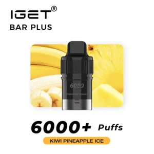 Discover the IGET BAR PLUS POD 6000 PUFFS - Kiwi Pineapple Ice with a refreshing Kiwi Pineapple Ice flavor, offering over 6000 puffs. The image showcases the sleek vaping device alongside vibrant pictures of bananas and pineapples in the background.