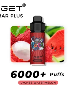 Promotional image of the IGET BAR PLUS 6000 PUFFS - Lychee Watermelon vape device, offering over 6000 PUFFS. The background features a lychee and a slice of watermelon, highlighting the deliciously refreshing taste.