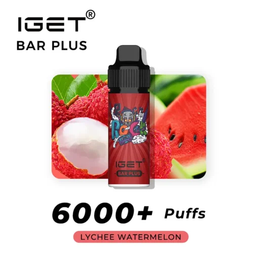 Promotional image of the IGET BAR PLUS 6000 PUFFS - Lychee Watermelon vape device, offering over 6000 PUFFS. The background features a lychee and a slice of watermelon, highlighting the deliciously refreshing taste.