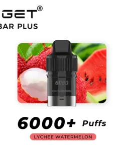 A black IGET BAR PLUS POD 6000 PUFFS - Lychee Watermelon vape device is shown in front of an image of lychee and watermelon. Text on the image says "POD 6000 PUFFS" and "Lychee Watermelon.