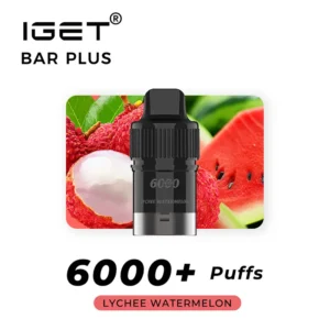 A black IGET BAR PLUS POD 6000 PUFFS - Lychee Watermelon vape device is shown in front of an image of lychee and watermelon. Text on the image says "POD 6000 PUFFS" and "Lychee Watermelon.