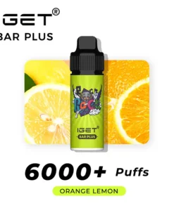 Image of an IGET BAR PLUS 6000 PUFFS - Orange Lemon vape device in front of an orange and lemon. Text on the image reads "IGET BAR PLUS 6000 PUFFS - Orange Lemon.