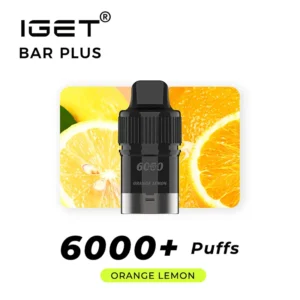 Image of an IGET BAR PLUS POD 6000 PUFFS - Orange Lemon vape with an orange lemon flavor, positioned in front of an orange lemon background. Text reads "POD 6000 PUFFS" and "Orange Lemon".