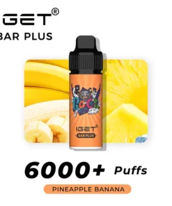 Introducing the IGET BAR PLUS 6000 PUFFS - Pineapple Banana vape with a tantalizing Pineapple Banana flavor, offering more than 6000 PUFFS. Image showcases the sleek vape device against a backdrop of fresh pineapple and banana slices.