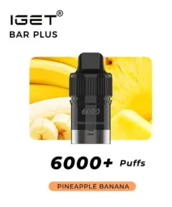 The IGET BAR PLUS POD 6000 PUFFS - Pineapple Banana, offering 6000 PUFFS, comes in a tantalizing Pineapple Banana flavor, showcased with vibrant images of pineapples and bananas in the background.