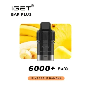 The IGET BAR PLUS POD 6000 PUFFS - Pineapple Banana, offering 6000 PUFFS, comes in a tantalizing Pineapple Banana flavor, showcased with vibrant images of pineapples and bananas in the background.