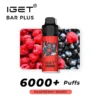 Image of an IGET BAR PLUS 6000 PUFFS - RASPBERRY BERRY vaping device. Flavor displayed as Raspberry Berry. Background features fresh raspberries and blueberries.