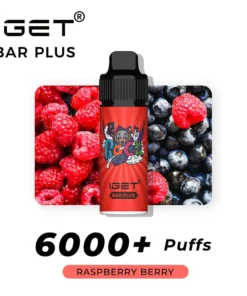 Image of an IGET BAR PLUS 6000 PUFFS - RASPBERRY BERRY vaping device. Flavor displayed as Raspberry Berry. Background features fresh raspberries and blueberries.