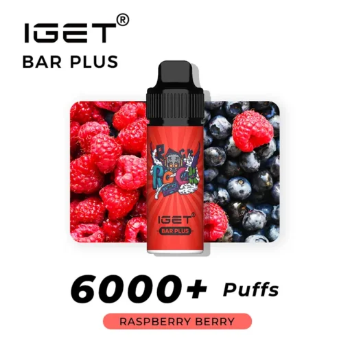 Image of an IGET BAR PLUS 6000 PUFFS - RASPBERRY BERRY vaping device. Flavor displayed as Raspberry Berry. Background features fresh raspberries and blueberries.