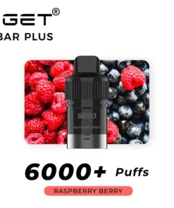 A vaping device labeled "IGET BAR PLUS POD 6000 PUFFS - Raspberry Berry" with a backdrop of raspberries and blueberries. The text indicates the flavor as "Raspberry Berry" and mentions "POD 6000 PUFFS".