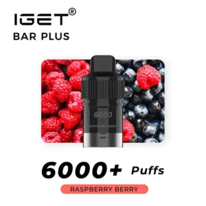 A vaping device labeled "IGET BAR PLUS POD 6000 PUFFS - Raspberry Berry" with a backdrop of raspberries and blueberries. The text indicates the flavor as "Raspberry Berry" and mentions "POD 6000 PUFFS".