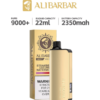 The Alibarbar Ingot 9000 Puffs in gold offers 9000 puffs, featuring a 22ml e-liquid capacity and a powerful 2350mAh battery. Enjoy the Strawberry Coconut Watermelon flavor. Warning label included.