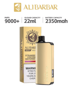 The Alibarbar Ingot 9000 Puffs in gold offers 9000 puffs, featuring a 22ml e-liquid capacity and a powerful 2350mAh battery. Enjoy the Strawberry Coconut Watermelon flavor. Warning label included.