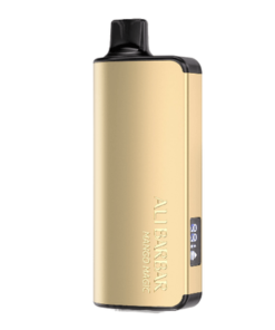 Introducing the gold-colored "ALIENBAR MANGO MAGIC" portable vape with a sleek black mouthpiece. Enjoy advanced vaping with adjustable settings on a small screen with our limited-time Bundle10 Pcs - Alibarbar Ingot 9000 offer!.