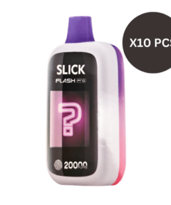 The purple and white disposable vape, named "BUNDLE 10 PCS – HQD SLICK FAST PRO 20000 PUFFS," includes a question mark symbol and is convenient for offering prolonged use.