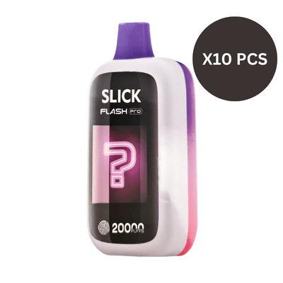 The purple and white disposable vape, named "BUNDLE 10 PCS – HQD SLICK FAST PRO 20000 PUFFS," includes a question mark symbol and is convenient for offering prolonged use.