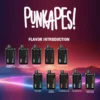 Image of ten black bottles with different colored labels, each labeled with a distinct vape flavor, under the title "Punkapes! Flavor Introduction" on a colorful gradient background. Discover the Bundle 10 pcs - PUNKAPES ULTRA 4000 puffs for an unbeatable vaping experience.