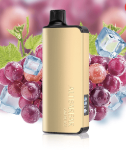 The Bundle 3 Pcs - Alibarbar Ingot 9000 gold vape device, featuring “GRAPE ICE” in elegant print, is artfully showcased amid grapes, ice cubes, and green leaves.