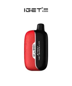 The striking Iget Moon K5000 vape device in red and black, elegantly labeled "Watermelon Apple," prominently displays the brand logo above.