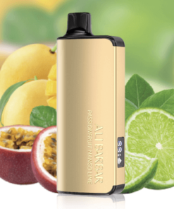 A gold Alibarbar Ingot 9000 vape device from the Bundle 5 Pcs is labeled "Passion Fruit Mango Lime" and is surrounded by tropical fruits like passion fruit, mango, and lime slices—an ideal combination of exotic flavors.