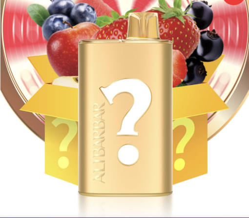 Image of a golden box labeled "Alibarbar Rich 8000" with question marks, in front of a rich assortment of fruits including strawberries, blueberries, and blackberries.