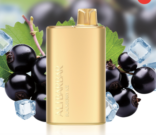 A gold-colored vape device labeled "ALI BARBAR BLACKBERRY ICE" is showcased against a vibrant backdrop of blackberries, ice cubes, and green leaves, bringing to life its refreshing AUTO-DRAFT flavor.