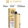 Discover the ALIBARBAR INGOT 9000 PUFFS gold-colored vaping device with box, featuring 9000+ puffs, a massive 22ml e-liquid capacity, and a powerful 2350mAh battery. Savor the delightful blend of Strawberry Coconut Watermelon flavor. Please note that this product is restricted to users of legal smoking age.