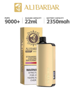 Discover the ALIBARBAR INGOT 9000 PUFFS gold-colored vaping device with box, featuring 9000+ puffs, a massive 22ml e-liquid capacity, and a powerful 2350mAh battery. Savor the delightful blend of Strawberry Coconut Watermelon flavor. Please note that this product is restricted to users of legal smoking age.