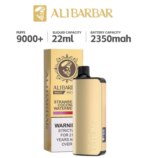 Discover the ALIBARBAR INGOT 9000 PUFFS gold-colored vaping device with box, featuring 9000+ puffs, a massive 22ml e-liquid capacity, and a powerful 2350mAh battery. Savor the delightful blend of Strawberry Coconut Watermelon flavor. Please note that this product is restricted to users of legal smoking age.