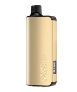 A gold-colored vape device with black accents, labeled "ALIBARBAR INGOT 9000" and "MANGO MAGIC," offers a striking resemblance to a luxurious ingot.